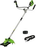 Greenworks 48V (2x24V) Cordless Brushcutter with Brushless Motor, Harness, Bike Handle, 38cm Cutting Width, Bump Feed 2mm Nylon Line, 25cm Blade WITHOUT Battery & Charger GD24X2BCB