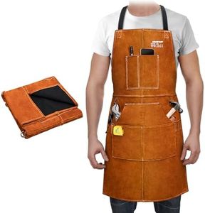 ARCCAPTAIN Leather Welding Work Apron 24" X 36" Heat Flame Resistant Cowhide Blacksmith Aprons with 6 Tool Pockets for Welders Men Women, Adjustable M to XXXL-Brown