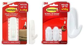 Command Large Utility Hooks for Clothes & Bags, Holds 2.2 kg, No Drilling, Holds Strong, No Wall Dam Designer Small Plastic Hook(White,2 Hooks and 4 Strips)