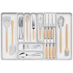 Lifewit Cutlery Drawer Organiser for Kitchen, Expandable Cutlery Tray with Removable Knife Block, Adjustable Utensil and Silverware Holder, Plastic Flatware Spoons Forks Storage Insert, Large, White