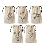 IVILLAGE Reusable and Washable Cotton Fabric Drawstring Travel Pouch/Bag in Floral design for Earphones, Makeup, Sunglasses, Socks, Toiletries - Set of 5