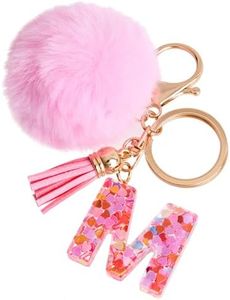 Vorysum Llavero Rosa con Letra Llavero Inicial Regalo de niña Mujer Bola Peluda Llavero Decorar para Bolso Mochila Llavero con Borla Dorada Llavero Mujer