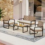 MFSTUDIO Patio Rattan Sofa Furniture Set for 4, Outdoor Brown Wicker Conversation Furniture with Wood Table, Sofa and 2 Chairs with Cushions (Beige), 4 Pieces Outdoor Patio Conversation Sofa Set