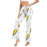 CHIFIGNO Womens Flared Leggings, High Waisted Wide Leg Bootcut Yoga Leggings, Cute Workout Gym Leggings, Retro 80s Gold Lightning Bolts, Large