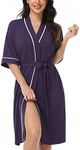 COLORFULLEAF Womens Bamboo Short Robes Lightweight Kimono Cotton Robe Soft Knit Bathrobe Ladies Loungewear with Pockets, Purple, Large