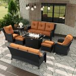 Aeeiua 8 Piece Patio Furniture Set with Fire Pit Table, All-Weather Wicker Outdoor Conversation Set with Swivel Rocking Chair and 6 Inch Thick Cushions