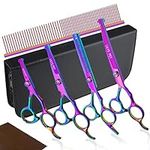 Safety Round-tip Scissors Set Professional PET Dog Grooming Coated Titanium Scissors Suit Cutting&Curved&Thinning Shears (Rainbow)