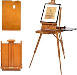 ATWORTH French Easel for Painting, Deluxe Oak Wooden Field & Studio Sketchbox Easel Stand with Metal Side Tray, Portable Tabletop & Tripod Floor Painting Easel, Holds Canvas up to 34"- Walnut