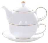 YBK Tech Ceramic Tea for One Set, 12oz Teapot and 8.2oz Cup with Saucer (White)