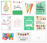 120 Happy Birthday Cards with Short Generic Message Inside , Assorted Greeting Notes Bulk with Envelopes and Stickers, 10 Unique Designs, 4x6 Inch, Thick Cardstock, Sturdy Box for Business and Personal