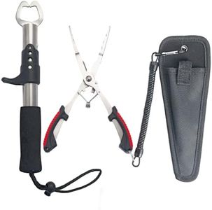 BSPIX Fishing Gear Set - Long Nose Stainless Steel Fishing Pliers 8.5", Fish Lip Gripper, Telescopic Lanyard & Sheaths - Multi-Function Saltwater Resistant Fishing Tools (red)