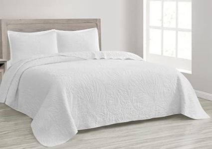 Chezmoi Collection Linden 3-Piece Pre-Washed Cotton Bedspread Coverlet Set - Floral Leaves Embroidered Quilt Set, Queen Size, White