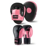 Lions Focus Pads and Gloves Set - Boxing Hook and Jabs Sparring Punch Martial Arts MMA Punching Mitts Muay Thai Kickboxing Coach Glove Sets for Men Women (INJECTION - PINK, 10OZ)