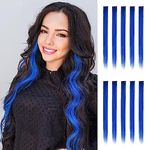 FESHFEN Colored Hair Extensions, 10 PCS Dark Blue Hairpieces for Women Highlight Colorful Straight Clip in Hair Extensions for Daily Party Costumes Hair Pieces for Girls, 22 inch