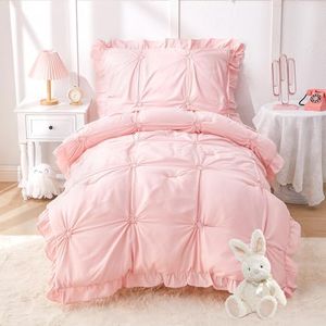 Wowelife Princess Toddler Bedding Set for Girls, Boho Toddler Bed Set, 4 Pieces Ruffles Jacquard Embroidery Toddler Comforter with Comforter, Fitted Sheet, Flat Sheet and Pillowcase, Pink
