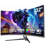 Gawfolk 32-inch 4K Ultra HD Curved 1500R Computer Monitor, 160Hz Gaming Screen, 1ms, Adaptive Sync, 128% sRGB, Built-in speaker, HDMI 2.1, DisplayPort, Wall-mounted compatible 75 * 75MM-Black
