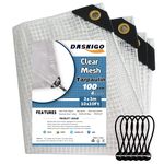 DASKIGO 3 x 3 m Heavy Duty Reinforced Mesh Clear Waterproof Tarpaulin Cover Mono Sheet Clear & 6PCS Bungee Balls