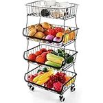 Fruit Vegetable Storage Basket Rack, 4 Tier Stackable Metal Wire Storage Baskets on Wheels, Fruit Vegetable Produce Basket Organizer Bins for Kitchen, Pantry, Bathroom