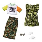 Barbie Fashionistas Clothes Kit, 2 Outfits for Dolls Including Camouflage Skirt, T-Shirt, Striped Dress and Accessories, Children's Toy, GHX67