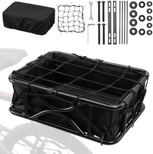 AUMENTAR Heavy Duty Rear Bike Basket for Adults, Extra Large Metal Bicycle Cargo Basket with Removable Liner, Waterproof Cover & Cargo Net, Universal Fit for E-Bike, Mountain Bike, Dog Carrier