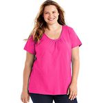 Just My Size Women's Short Sleeve Shirred V-Neck Tee, Amaranth, 1X