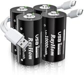 RayHom USB Rechargeable Lithium D Cell Batteries - 4 Pack D Li-ion Battery with 2 USB-C 2-in-1 Charging Cable, 1.5V 10000mwh, Quick Charges 2 Hours, Over 1000+ Cycles