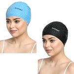 SHIFTER Latest Designed Long Hair Silicone Swim Cap, Keeps Hair Clean with Ear Protector,Waterproof Silicone Swimming Cap for Adult Woman and Men,Swimming Bubble Dotted Cap Extra (Black+LIGHTBLUE)