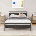 BOFENG Full Size Bed Frame with Wood headboard,Double Metal Platform Bed Frames Full No Box Spring Needed,Industrial Bed Frame with Storage,Reinforced Steel Slat Support,Black