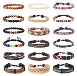 FIOROYAL 18Pcs Leather Braided Wristbands Bracelet for Men Women Adjustable Handmade Bracelets Boho Ethnic Wood Bead Hemp Cord Woven Wrist Cuff Bracelets Leather Bracelets Set