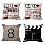 JUMUU Set of 4 Cotton-Linen Decorative Throw Pillow Covers Movie Theater Cinema Personalized Throw Pillow Cover Decorative Cushion Case Shell Outdoor Pillow Case for Car Sofa Bed Couch (Stamp Alphabet Film, 45 x 45cm)