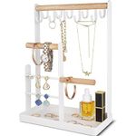 Snazzy Wood Jewelry Organizer Stand Necklace Holder, 4-Tier Tower Rack With Earring Tray And Holes, 10 Hooks Hanging Storage Tree Display For Bracelets Watches Rings -White