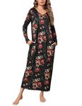 Sykooria Women's Long Nightgown Cotton Baggy Nightdress Plus Size Nightshirt Long Sleeve V Neck Sleep Dress Casual Sleepwear with Pockets(Red Flower - Black,XL)