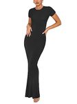 REORIA Women's Basic Summer Casual Lounge Long Dress Elegant Short Sleeve Crew Neck Bodycon Maxi Dresses, Black, Large