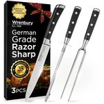 Wrenbury Sabatier Carving Knife Set with Carving Fork and Sharpening Steel - German Grade 3 Piece Professional Carving Set Razor Sharp Blade - Full Tang Riveted Handles