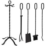 Sunnydaze 5-Piece Steel Fireplace Tool Set with Stand - Heavy-Duty Black Poker, Shovel, Log Grabber and Broom with Base Indoor Hearth Accessories