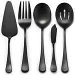 LIANYU 5-Piece Matte Black Serving Utensils Set, Stainless Steel Serving Set Include Serving Spoon Fork, Flatware Serving Pieces for Buffet Catering, Satin Finish, Dishwasher Safe