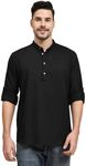 SKAVIJ Men's Cotton Kurta Long Sleeve Casual Henley Shirt (Small, Black)