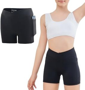 MEJING Girls Biker Shorts Size 7-8, Cross Waist Kids Black Athleic Volleyball Running Cheer Shorts, Yoga Gymnastics Compression Shorts with Pockets