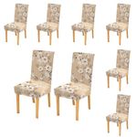 Styleys Elastic Chair Cover Stretch Removable Washable Short Dining Chair Cover Protector Seat Slipcover (Set of 8 Cream Flower, SD125)