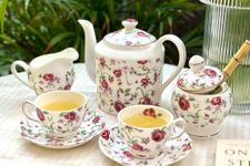 GOLDEN QUEEN'S Bone China Button Rose Tea Set For Tea/Coffee Service - Set Of 15 Pcs (6 Cups, 6 Saucers, 1 Tea Kettle, 1 Milk Pot, 1 Sugar Pot, 170Ml)