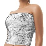 Lusofie Silver Sequin Tube Top Metallic Stretchy Silver Tube Top Crop Top Strapless Silver Sequin Top for Women Party Club Wear