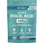 Folic Acid Tablets 400ug | 400 Count | Super Strength Vegan Supplement with Vitamin B12 Methylcobalamin | No Artificial Preservatives | by Horbaach