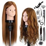 Mannequin Head with Human Hair, 23inch 80% Real Human Hair Cosmetology Mannequin Head Hairdresser Practice Training Head Doll Head with Table Clamp Holder + DIY Hair Styling Braid Set