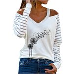 AMhomely Women Shirts and Blouse Sale Clearance Party Elegant Ladies V-Neck Long Sleeve T-Shirt Autumn Printing Cold Shoulder Loose Blouse Tops Tunic Shirts Tops Office UK Size, White #B, L