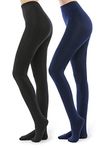 2 Pairs Fleece Lined Tights for Women - 100D Opaque Warm Winter Pantyhose (Black & Navy Blue, 2X/3X)