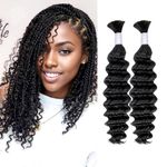 Deep Wave Bulk Human Hair for Braiding 2 Bundles 100g 16 Inch No Weft 10A Brazilian Virgin Curly Human Hair Extensions for Boho Braids Wet Wavy Human Braiding Hair (16"/100G,Black)