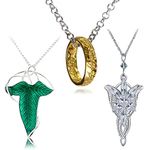 HJYZY 3 pcs Lord of The Ring Hobbit Necklace Gold Tone The Ring Pendant Necklace Vintage Green Leaf Elven Pin Brooch Pendant Chain Necklace