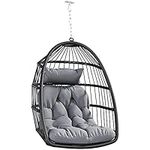 YITAHOME Rattan Egg Chair Max. load 150 kg Garden Egg Chair with 2 Cushions, 105 x 74 x 72 cm Iron Sturdy Steel Frame, Hanging Egg Chair with a Chain & S Hook for Patio, Garden, Living Room, Grey