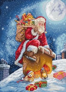 Wizardi Counted Cross Stitch Kit "Santa's Secret Stop" L9964 LetiStitch - Christmas Santa Design, 16ct Blue Grey Aida Luca-S 61 Colors Floss, 11.4x15.7" Beginner Kit for Adults
