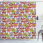 ABAKUHAUS Owl Shower Curtain, Ornate Owl Crowd with Different Sights Polka Dots Like Matryoshka Dolls Fun Retro Theme, Cloth Fabric Bathroom Decor Set with Hooks, 78 Inches, Multicolor